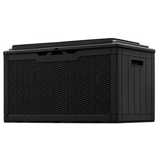 100 Gal. Black Resin Fusion Style Outdoor Storage Bench Deck Box with Cushion | The Home Depot