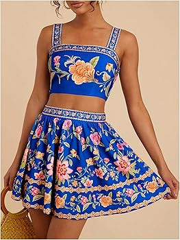 Floerns Women's Two Piece Outfit Tropical Crop Cami Top and Summer Skirts Set | Amazon (US)