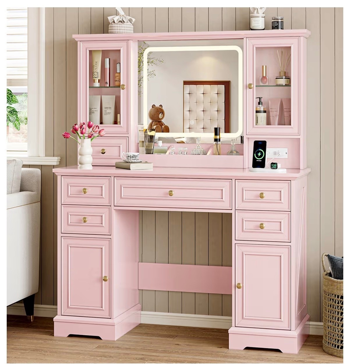 Pink Farmhouse Vanity Desk with Lighted Mirror, Storage & Built-In Power 💕

This pink vanity desk is such a statement piece and the ultimate setup for any beauty lover ✨ The soft blush farmhouse style paired with gold hardware feels feminine, polished, and cozy all at once. It features a large LED mirror with three adjustable light modes (warm, natural, and cool) so your makeup looks flawless no matter the time of day. I love how much storage this one has—six drawers, two glass display cabinets with RGB lighting, and plenty of countertop space for everyday essentials 💄

The built-in power outlet and USB ports make getting ready so easy—perfect for hair tools, chargers, or a phone stand while you’re doing your makeup. The glossy finish, glass-front cabinets, and ambient lighting add such a luxe feel, making this vanity ideal for a teen bedroom, glam room, or a fun statement moment in a primary bedroom. Functional, beautiful, and totally Instagram-worthy 💗

pink vanity desk, vanity with mirror and lights, farmhouse vanity table, makeup vanity with storage, vanity with power outlet, pink makeup desk, vanity with drawers, glam room furniture, amazon vanity desk, vanity desk for girls, beauty room vanity, vanity with RGB lighting, dressing table with mirror and lights

#LTKGiftGuide #LTKBeauty #LTKHome