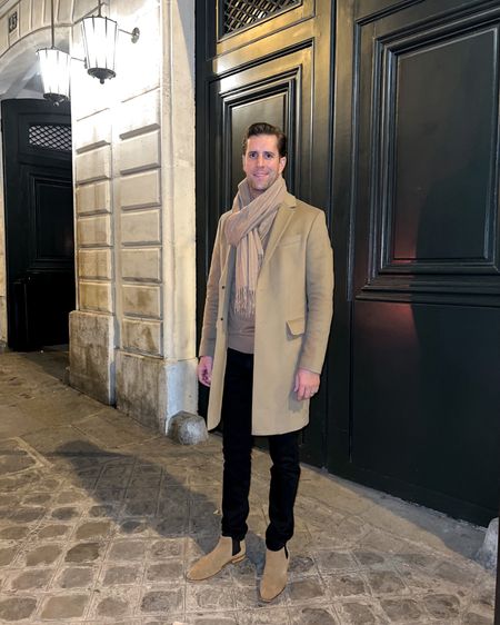 Kat Jamieson of With Love From Kat shares her husband's outfit. Camel coat, crewneck sweater, camel scarf, black jeans, suede boots, men's fashion, men's style.

#LTKmens #LTKSeasonal #LTKstyletip