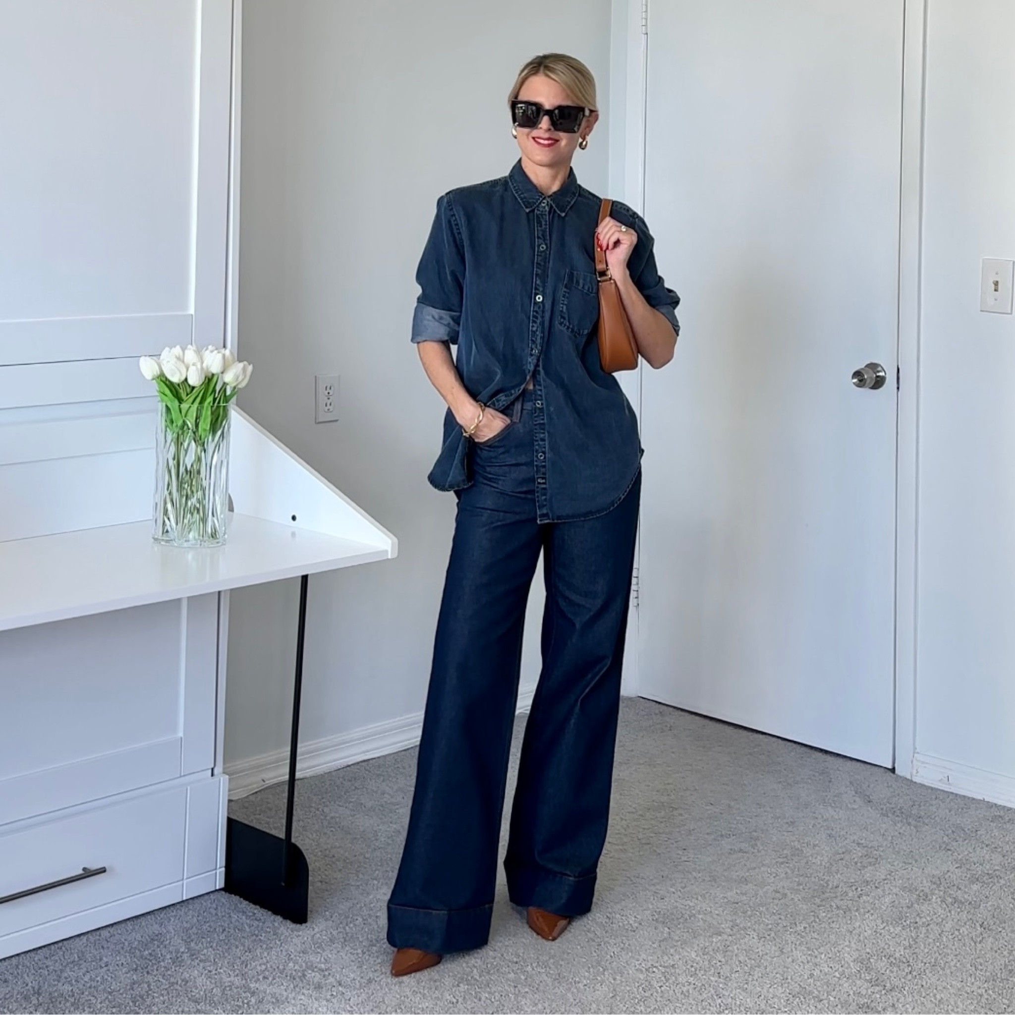 Double denim  
All true to size.  
Matching your button down  top to wide leg pants and button your shirt to the top button..  

#LTKstyletip #LTKSeasonal