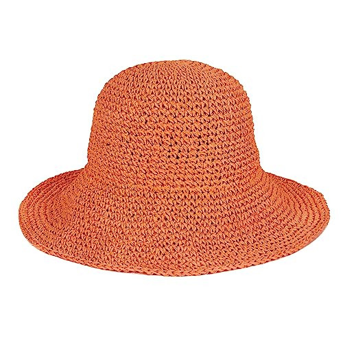 Womens Floppy Straw Sun Hat Foldable Packable Wide Brim Summer Beach Hat Crochet Bucket Hat (US, Alpha, One Size, Orange) | Amazon (US)