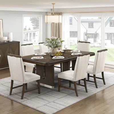 Modern Brown Finish Dining Set 5Pcs Extendable Table With 4X Side Chairs Beige Upholstered Comfort Durable Metallic Accent Table Base Wooden Furniture | Wayfair North America