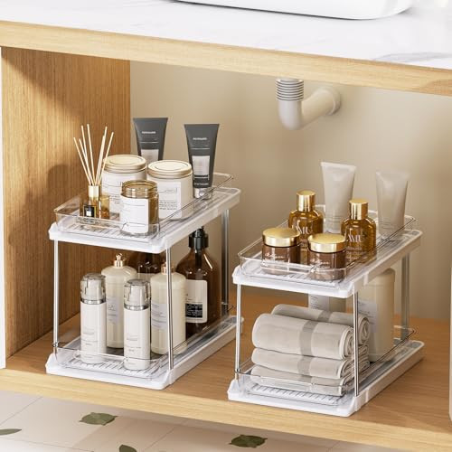 Delamu 2-Tier Bathroom Under Sink Organizers and Storage, Pull Out Cabinet Drawers with Anti-Slip Design, Multi-Purpose Storage for Kitchen, Pantry, Bathroom & Home Organization, White, 2 Pack | Amazon (US)