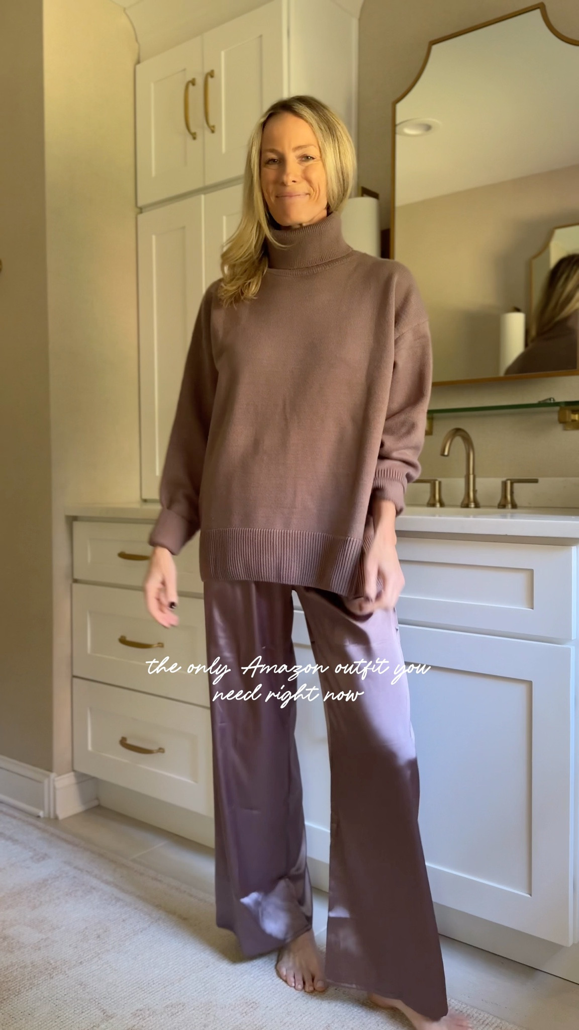 Always a favorite look and found the perfect silky Amazon pant to achieve it! Size up 2 in sweater for the perfect length and fit. Pants true to size! 