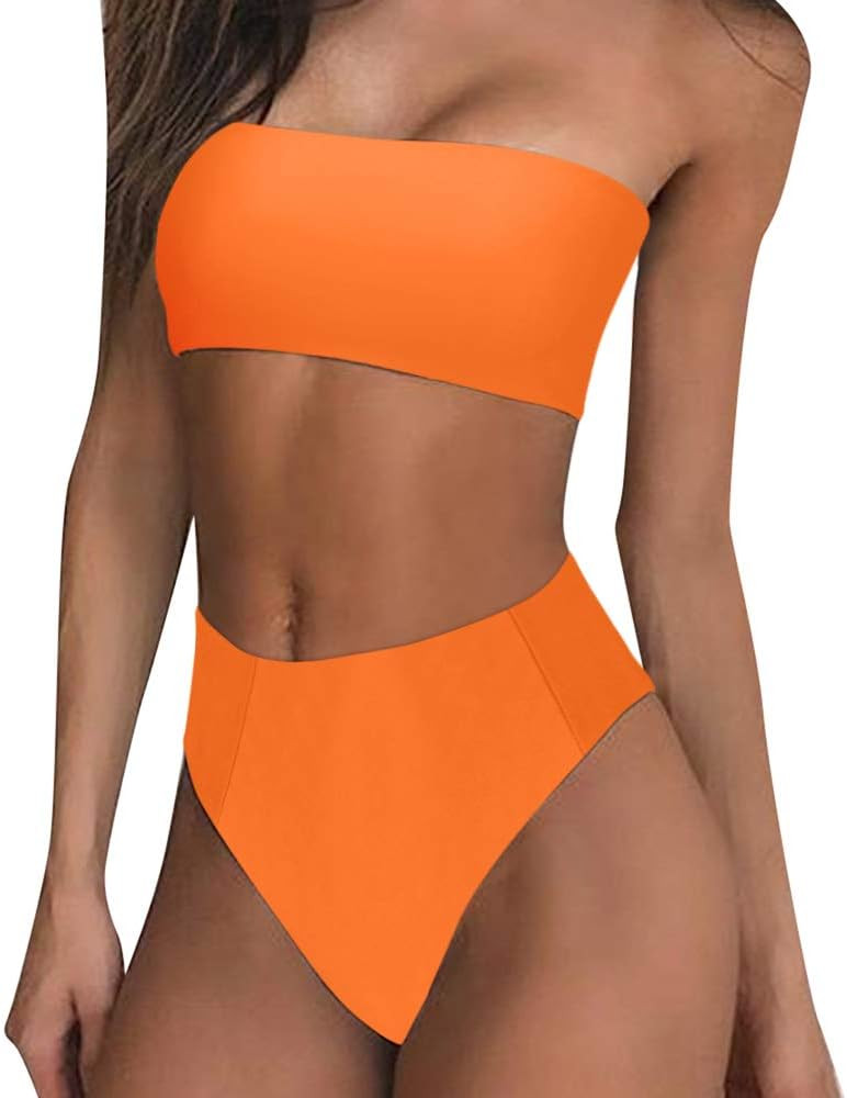 RUUHEE Women High Cut Bandeau Tropical Leaf Printed Strapless Swimsuits Bikini Set | Amazon (US)