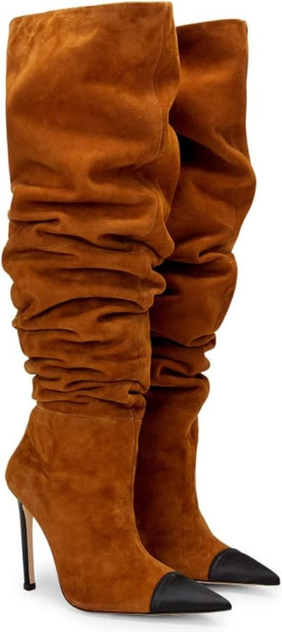 Women Soft Plicated Suede Stiletto Heel Knee High Boots, Sexy Cap Toe Thigh Boots, Retro Patchwor... | Amazon (US)