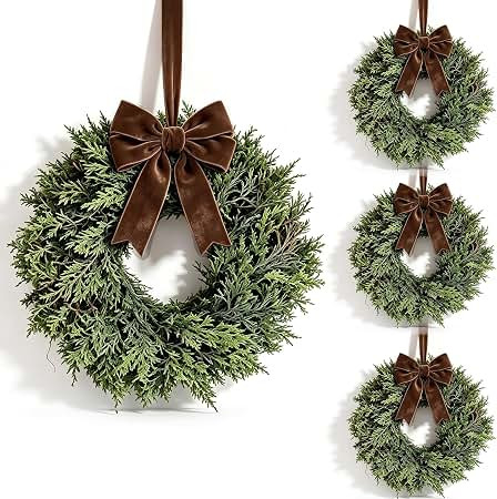 4 Pcs Small Christmas Hanging Wreaths with Artificial Cedar Cypress Pine Greenery Dark Brown Velv... | Amazon (US)
