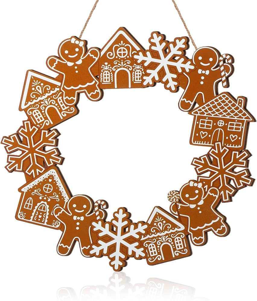Jetec Christmas Gingerbread Wreath 11.8inch Christmas Front Door Decor Wooden Gingerbread Man and... | Amazon (US)