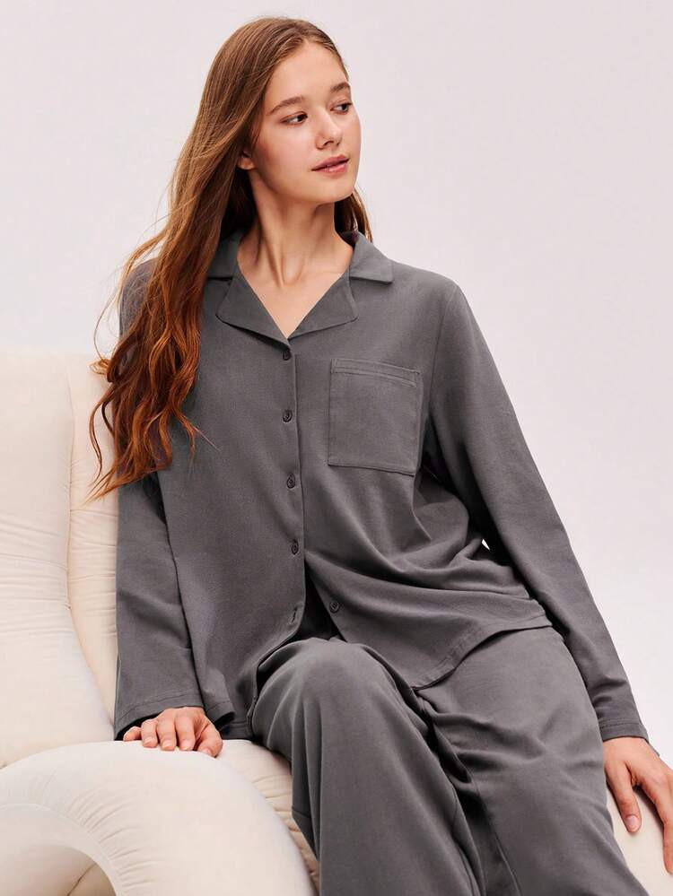LUVLETTE Grey Soft Brushed Cotton Basic PJ Set Women's Lounge Set Pajama Sets For Women Pants With Pockets Cotton Pajamas | SHEIN