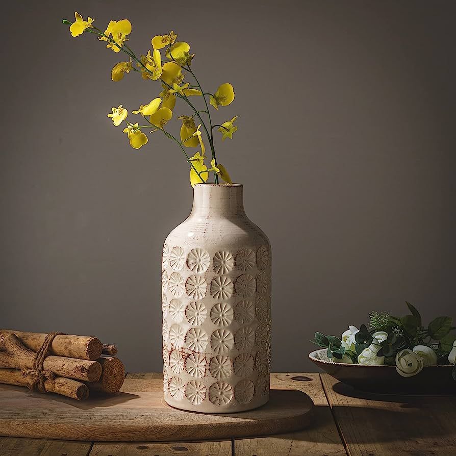 LUKA Ceramic Rustic Farmhouse Vase,10 inch Terracotta Vase,Neutral Cream Vases Pottery Decorative... | Amazon (US)