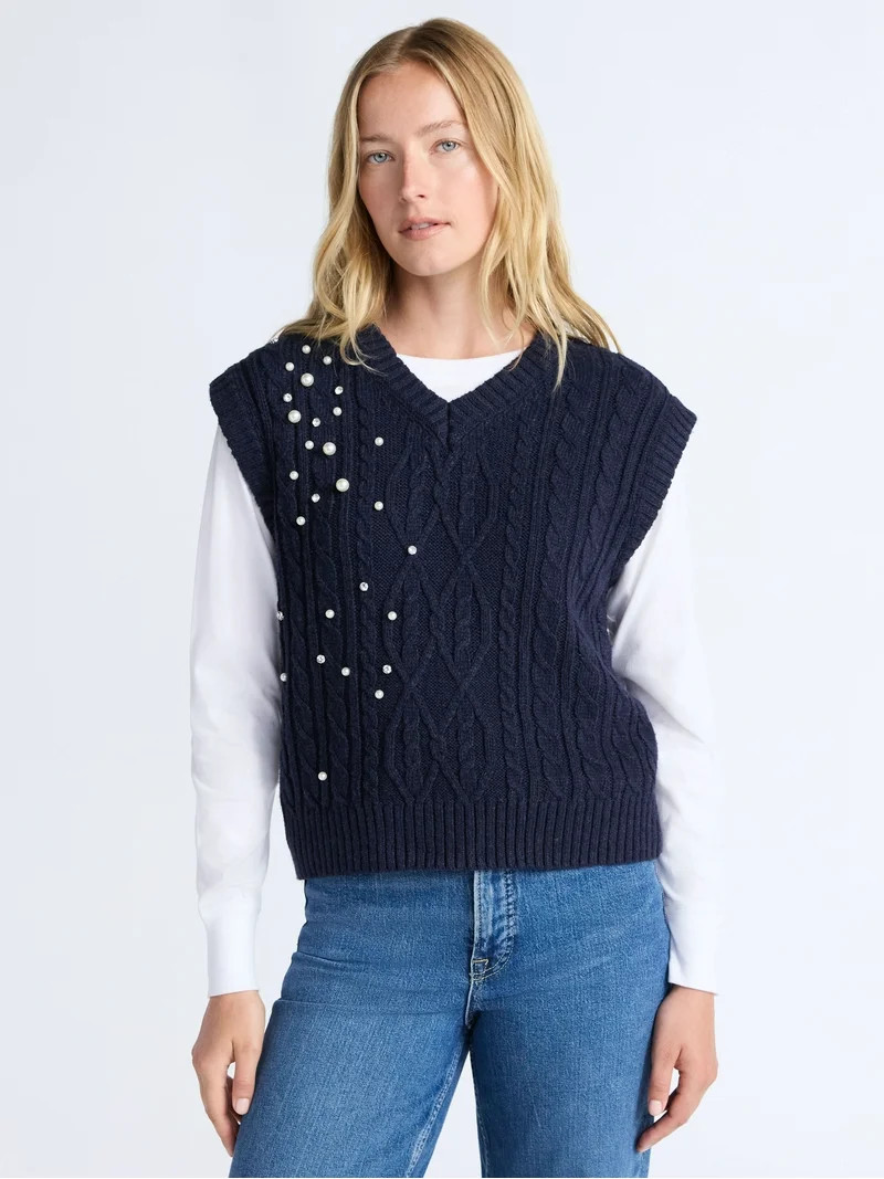 Free Assembly Women's Embellished V-Neck Cable Sweater Vest, Sizes XS-XXL | Walmart (US)