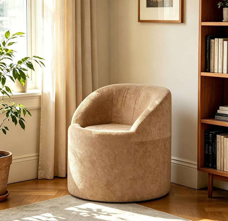 Amazon.com: Sonovafurn Barrel Accent Chair for Living Room, Comfy Chenille Reading Chair, Modern Upholstered Lounge Chair with Curved Back, Round Armchair for Bedroom, Reading Corner, No Assembly Required, Camel : Home & Kitchen | Amazon (US)