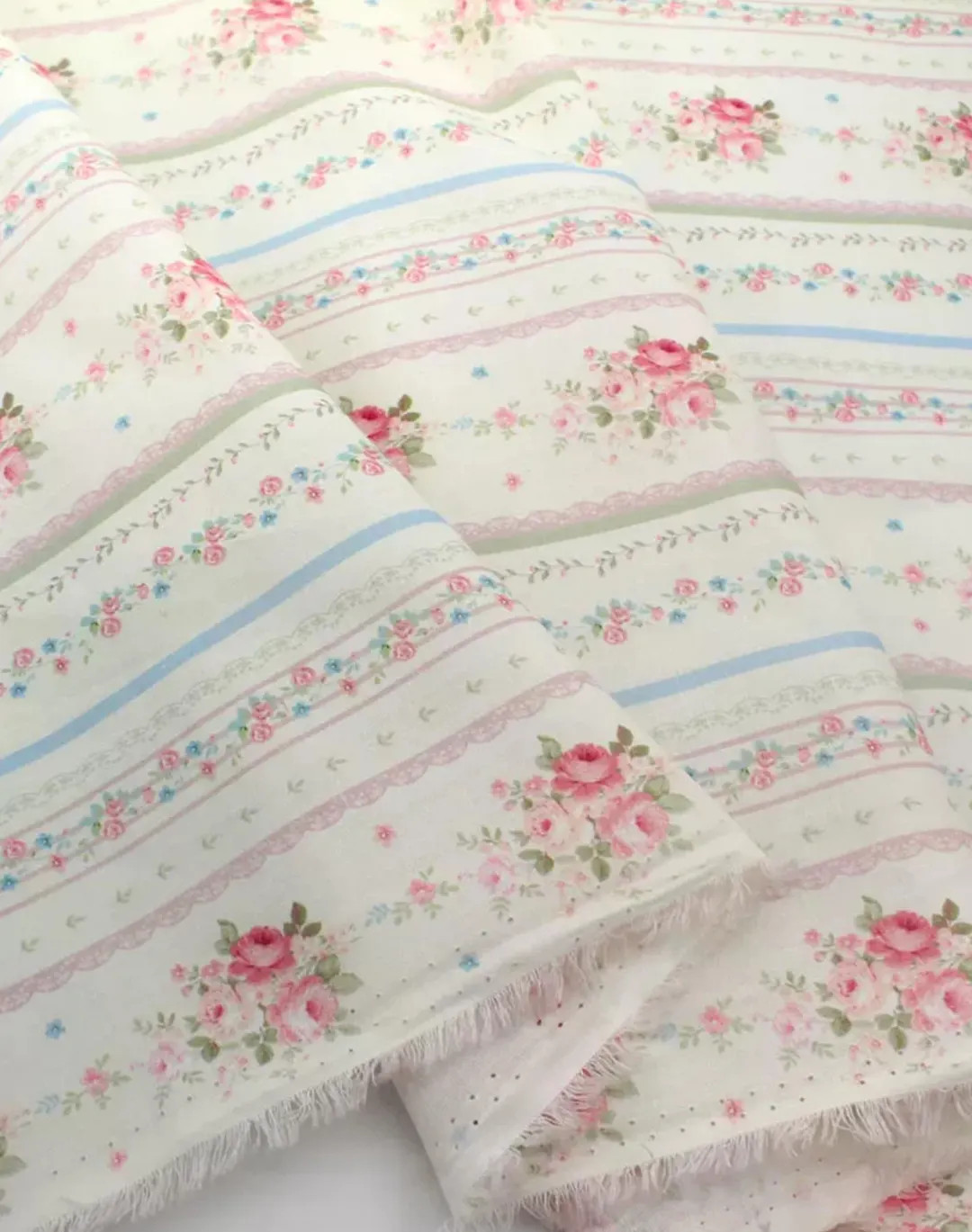 Cotton Fabric Cottage Chic Rose Flower Floral Lace Vertical Stripe Thin 1/2 Yard | Etsy (US)