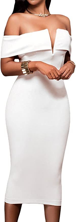 AlvaQ Women's Sexy V Neck Off The Shoulder Evening Bodycon Club Midi Dress | Amazon (US)