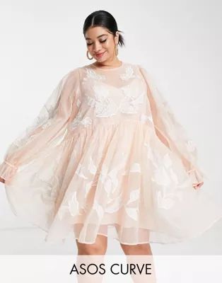 ASOS EDITION Curve embroidered organza mini smock dress in pink | ASOS (Global)