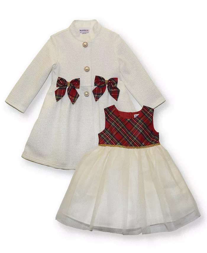 Toddler Girls Glitter Knit Coat with Sleeveless Plaid Bodice Dress Set | Macy's