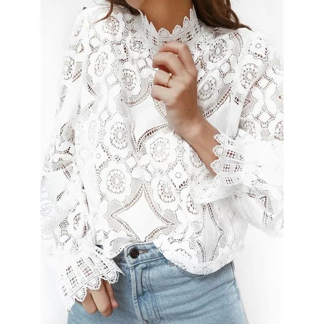 Women Crewneck Lace Hollow Out Long Sleeve T Shirt Top Slim Solid Blouse Tee Shirts | Walmart (US)