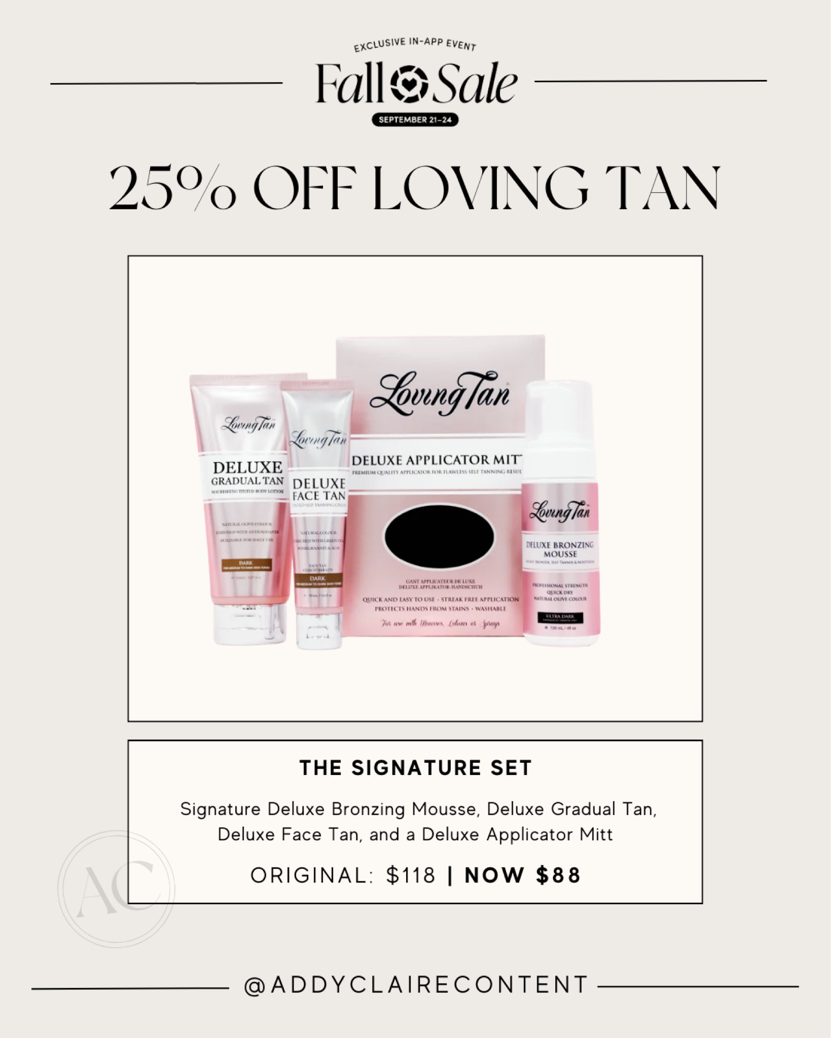 LTK Fall Sale: Loving Tan 25% off Sitewide
Fall outfits/ Self- tanning reviews/ loving tan/ beauty trends/ bestselling beauty/ self tan routine/ self tan reccomendations/ affordable tanning products/ face tan products/ tanning serum/ best self tan products

#LTKbeauty #LTKSale #LTKsalealert