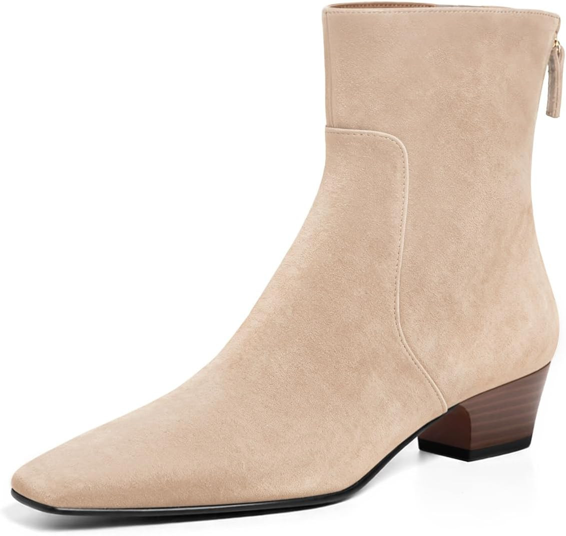 Coutgo Women's Square Toe Ankle Boots Block Low Heel Back Zipper Booties | Amazon (US)