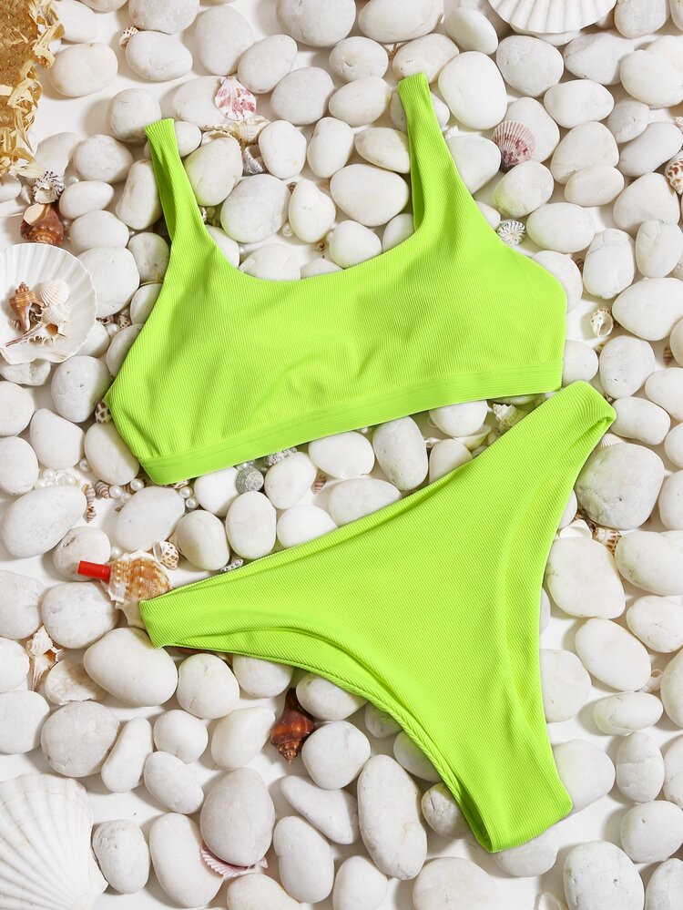 NEWNeon Lime Rib Bikini Swimsuit | SHEIN