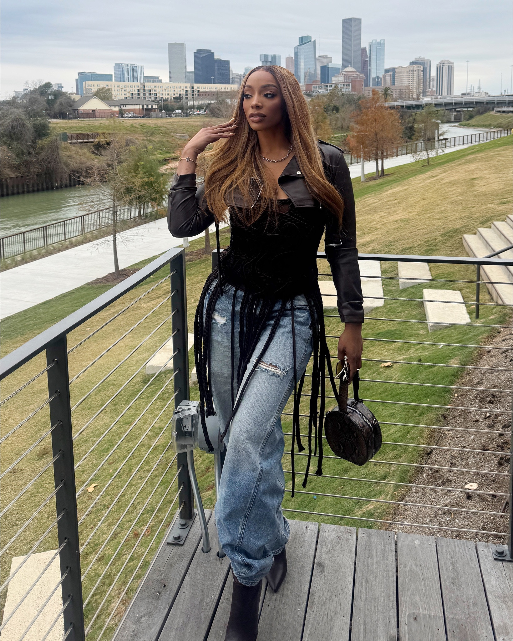 Ok I put this look together for a cute lunch date! Loving the braided corset top paired with barrel jeans and a faux leather jacket. I purchased jeans from Fashion Nova but I attached a similar style! The top is only in a cream color but equally as cute! 