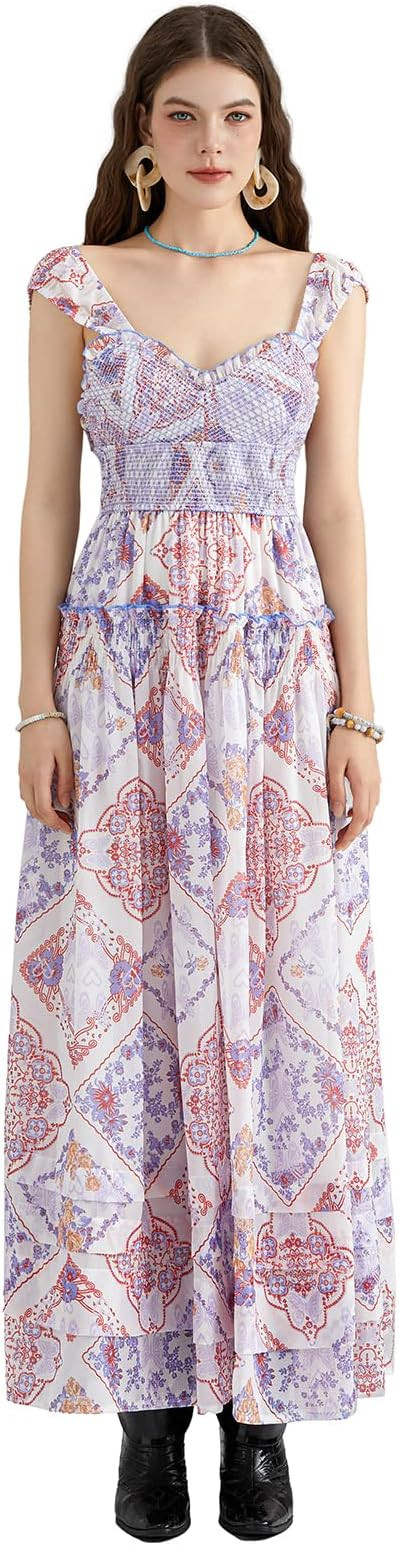 Women Floral Long Maxi Dress Sleeveless V Neck Tiered Ruffles Cami Dress Summer Casual Beach Part... | Amazon (US)