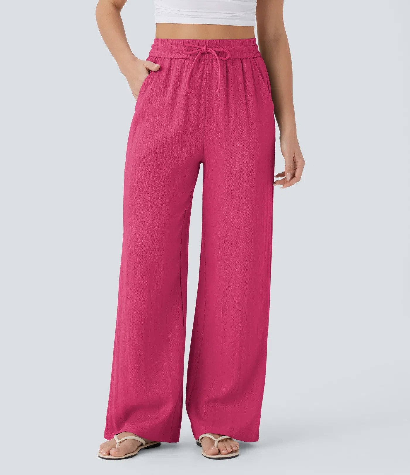 Women’s High Waisted Drawstring Pocket Wide Leg Baggy Casual Linen-Feel Pants - Halara | HALARA
