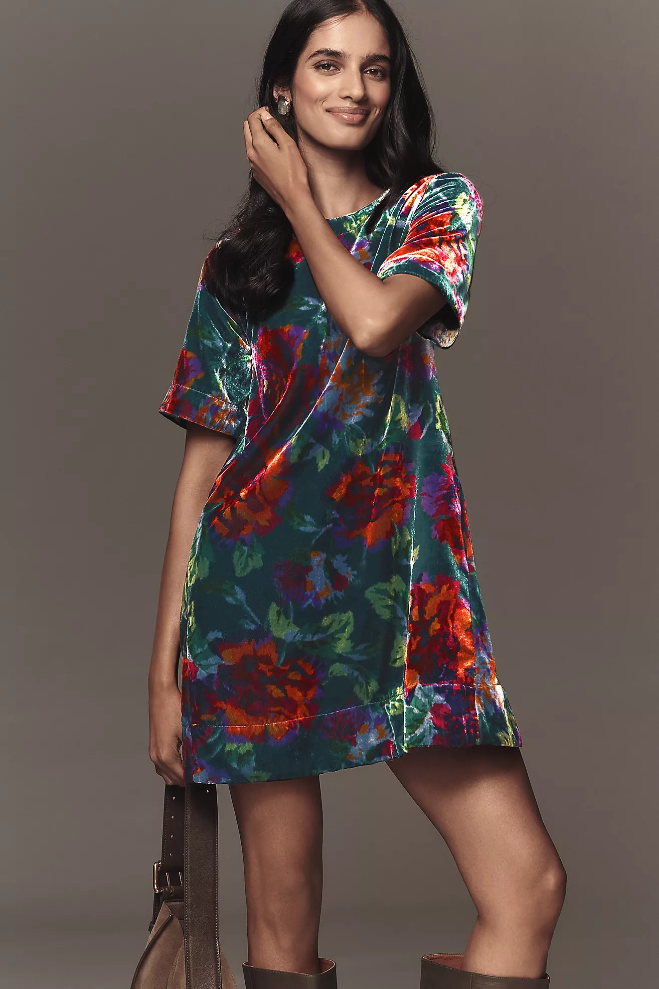 The Emmy Short-Sleeve Swing Mini Dress by Maeve: Velvet Edition | Anthropologie (US)