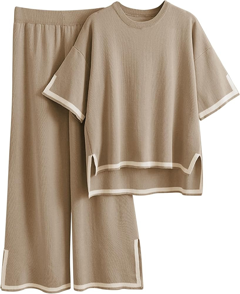 Tanming Sweater Sets Women 2 Piece Lounge Sets Short Sleeve Knit Pullover Tops Wide Leg Pants | Amazon (US)