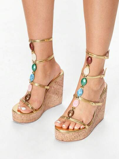 Women's Colorful Gemstone Decor Open Toe Wedge Fashion PU Leather Gold Platform Sandals, Vacation... | SHEIN