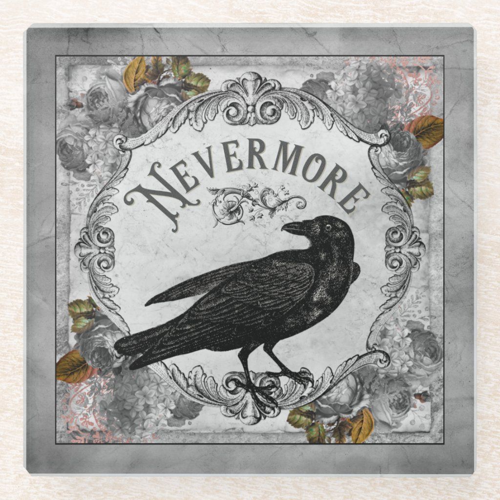Vintage Black Raven Nevermore Halloween Glass Coaster | Zazzle