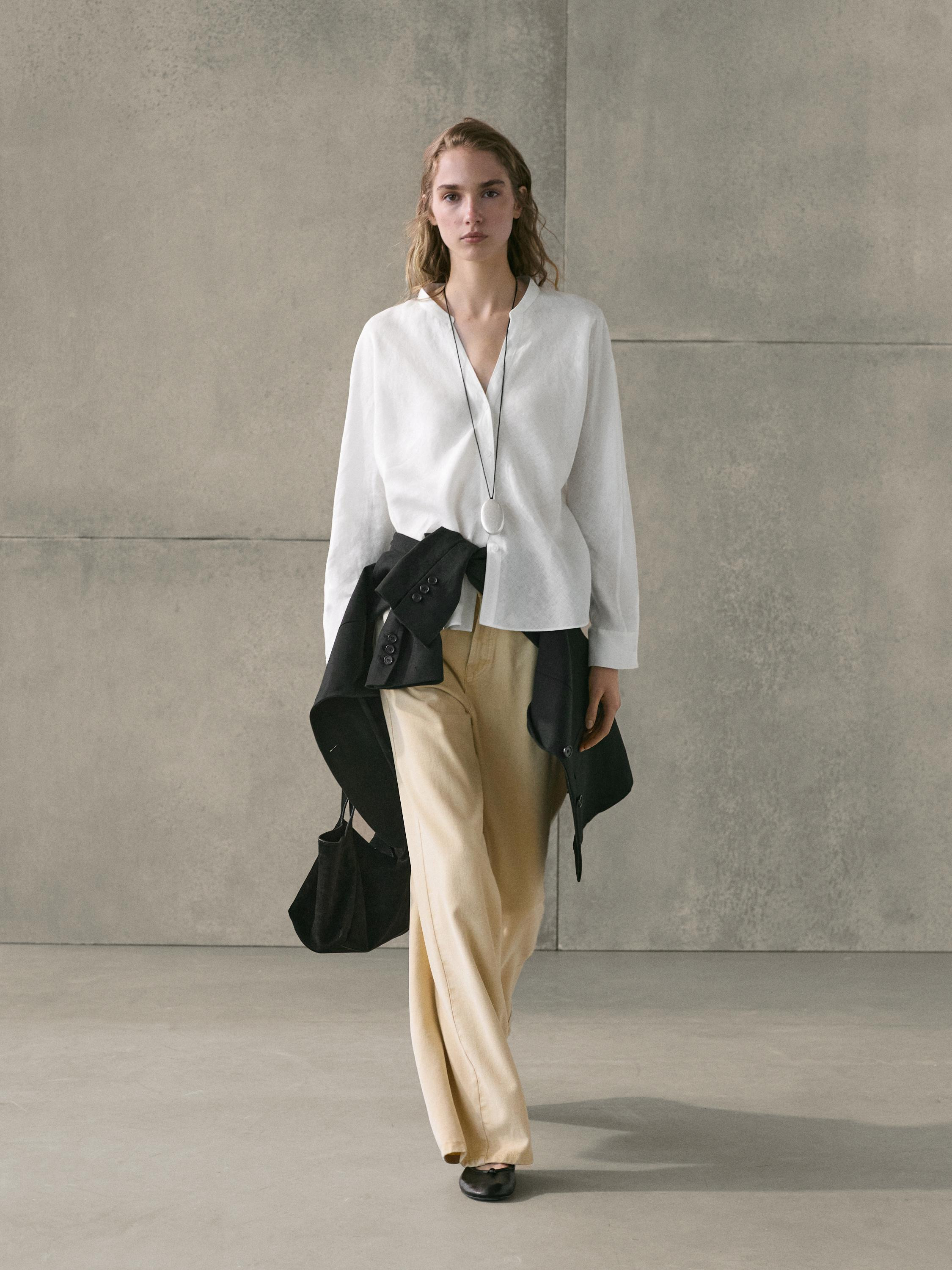 100% linen stand collar shirt | Massimo Dutti UK