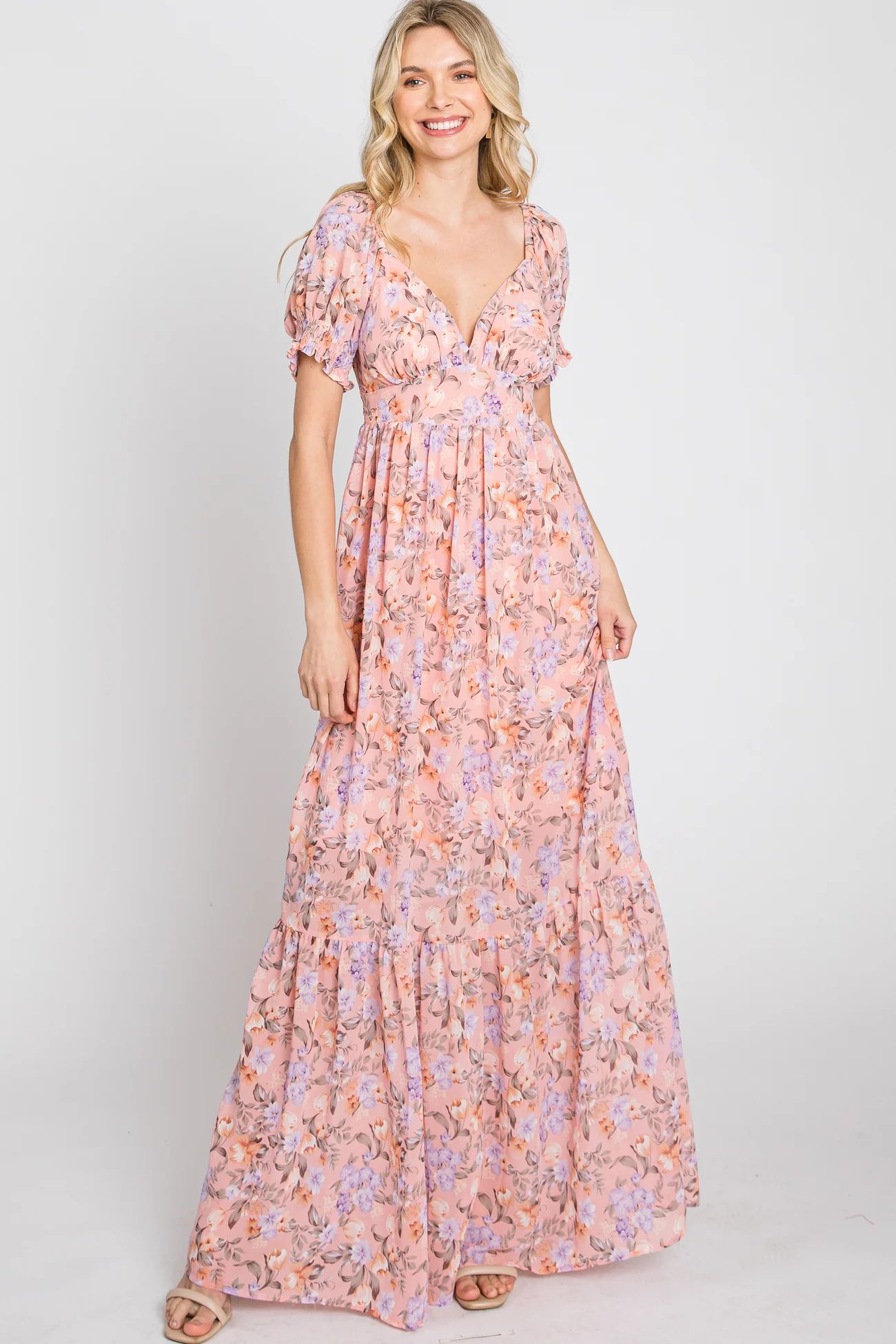 Pink Floral Sweetheart Neck Puff Sleeve Maxi Dress | PinkBlush Maternity