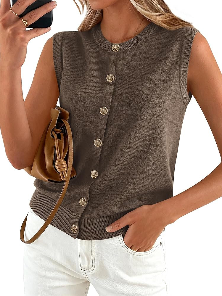 BTFBM Sweater Vest Women Casual Crewneck Loose Button Down Knit Sleeveless Cardigan 2026 Spring C... | Amazon (US)