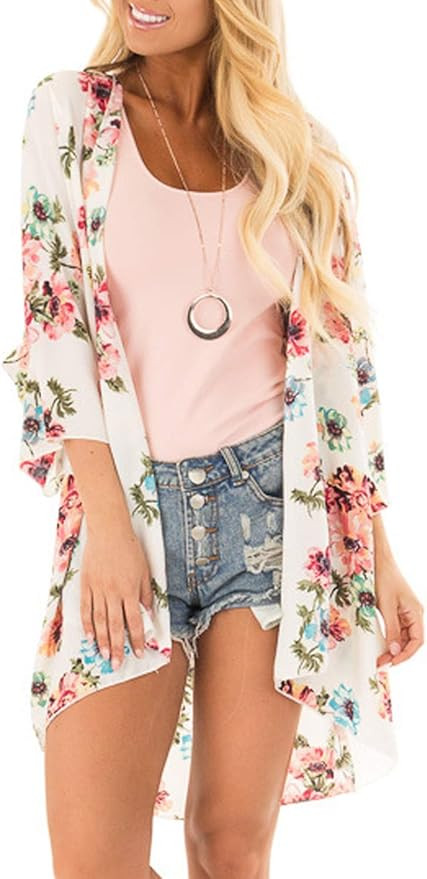PINKMSTYLE Women's Floral Print Kimono Sheer Chiffon Loose Cardigan | Amazon (US)