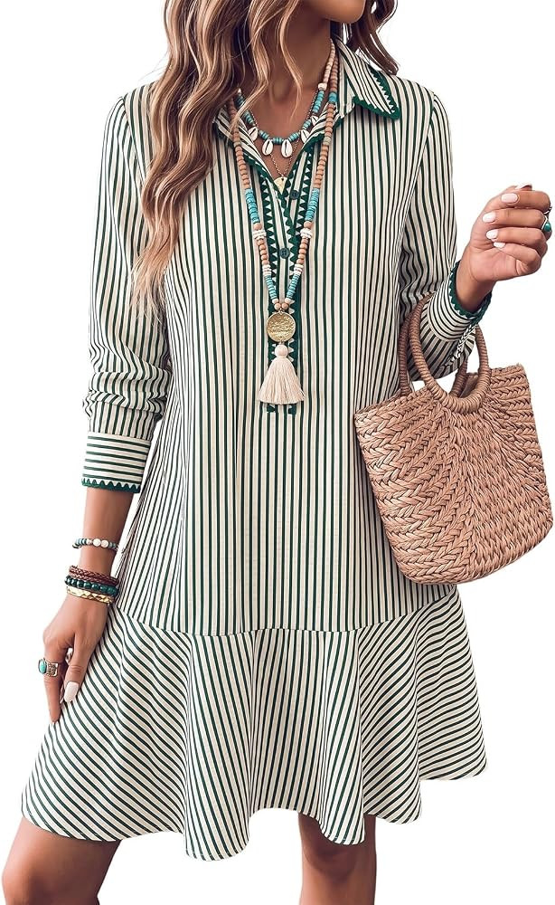 Dokotoo Womens Dresses Striped Button Embroidered Ruffle Hem Mini Dress | Amazon (US)