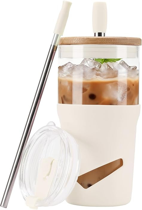 Glass Tumbler with Lids and Straws, 20 oz Iced Coffee Cup and Smoothie Cup with Bamboo Lid and On... | Amazon (US)