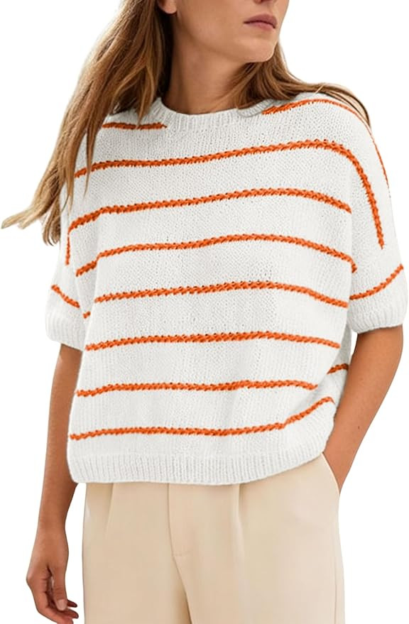 QIBABU Womens Short Sleeve Striped Sweater Top Casual Crewneck Lightweight Shirt Spring Summer Cr... | Amazon (US)