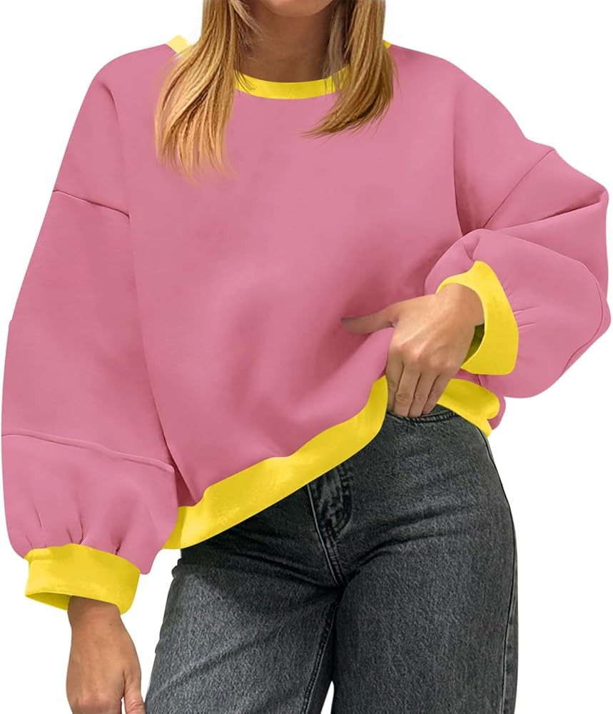 Fisoew Womens Oversized Sweatshirts Crewneck Long Sleeve Pullover 2025 Cute Color Block Casual Fl... | Amazon (US)