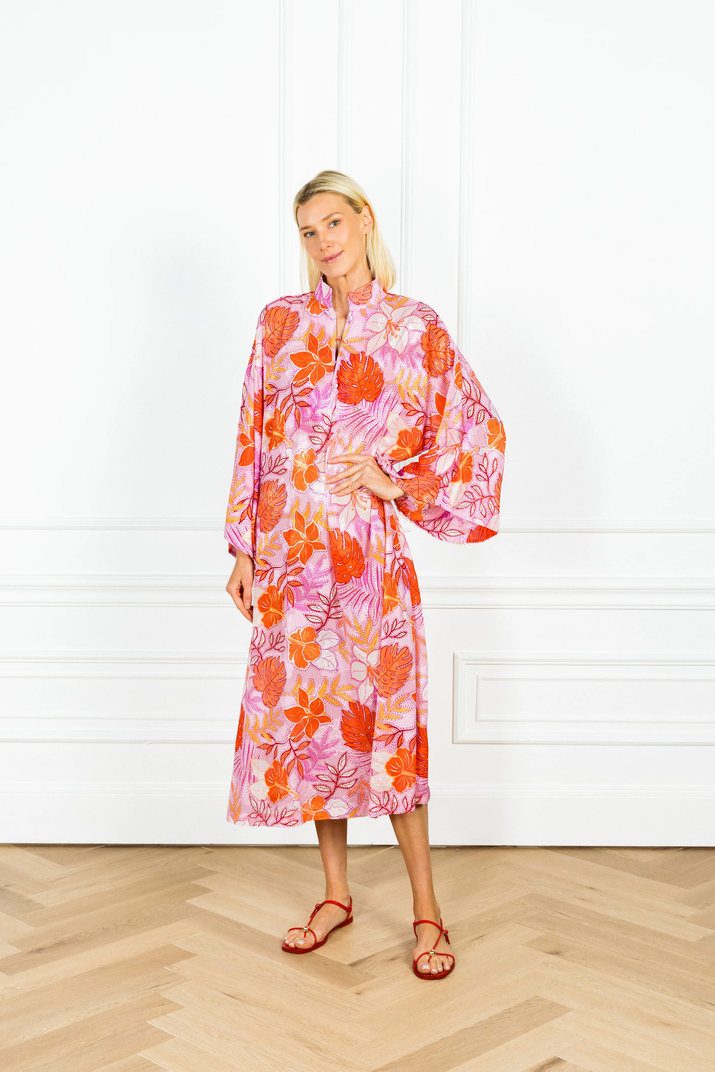 Guava Sheer Palm Maxi Caftan | La Vie Style House