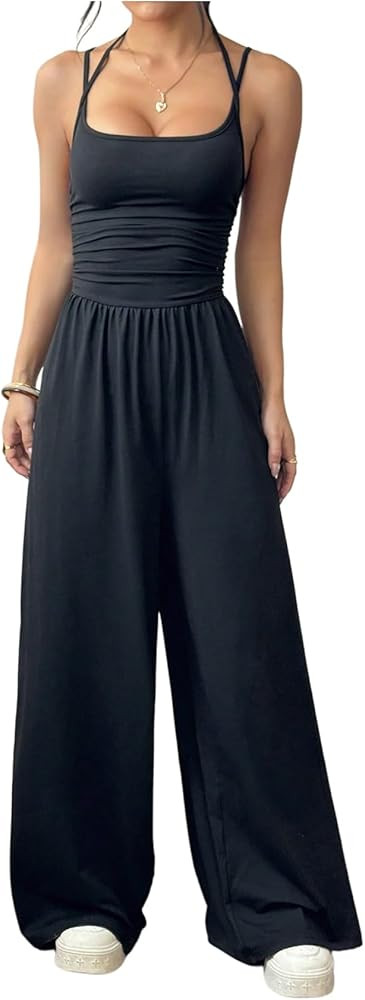 GORGLITTER Women's Ruched Jumpsuits Casual Spaghetti Strap One Piece Outfit Wide Leg Baggy Pants | Amazon (CA)