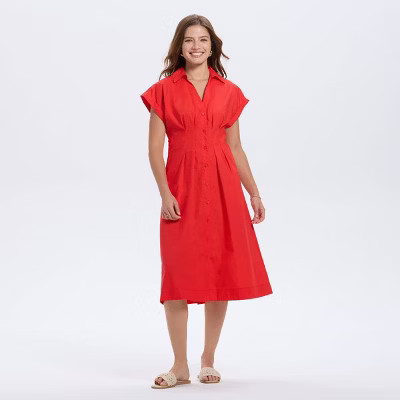 Women's Short Sleeve Pleated Midi Shirtdress - A New Day™ Geranium Red S | Target