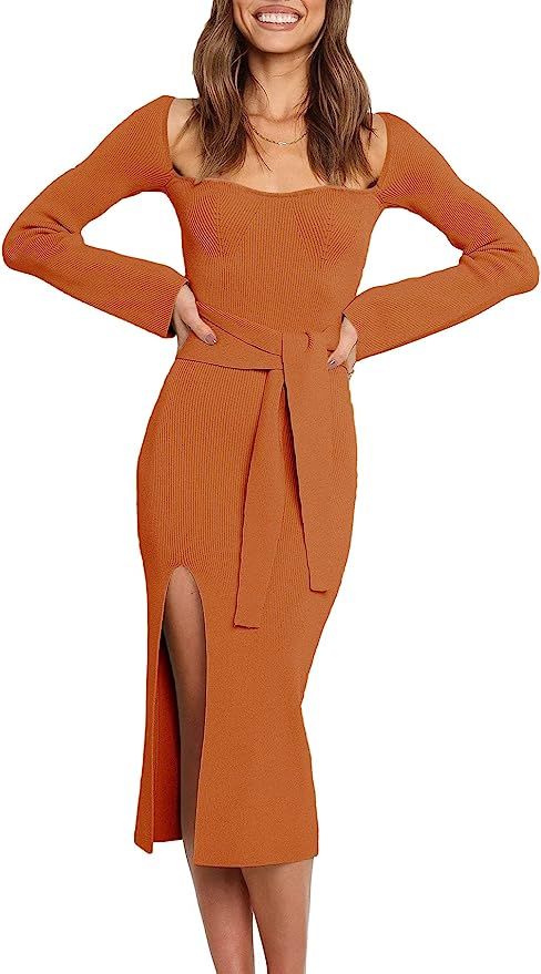 Prinbara Women's Long Sleeve Sweetheart Neck Bodycon Sweater Slit Tie Waist Knit Midi Dress | Amazon (US)