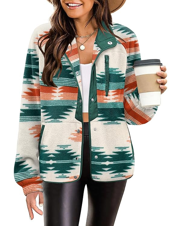 Zeagoo Women's Cozy Fleece Jacket Western Aztec Print Button Down Coat with Pockets Casual Warm O... | Amazon (US)