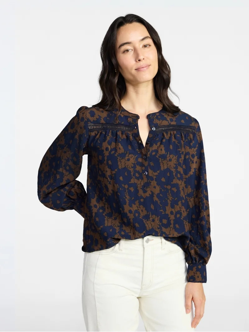 Time and Tru Women's Lace Yoke Shirt with Long Sleeves Sizes XS-XXXL | Walmart (US)