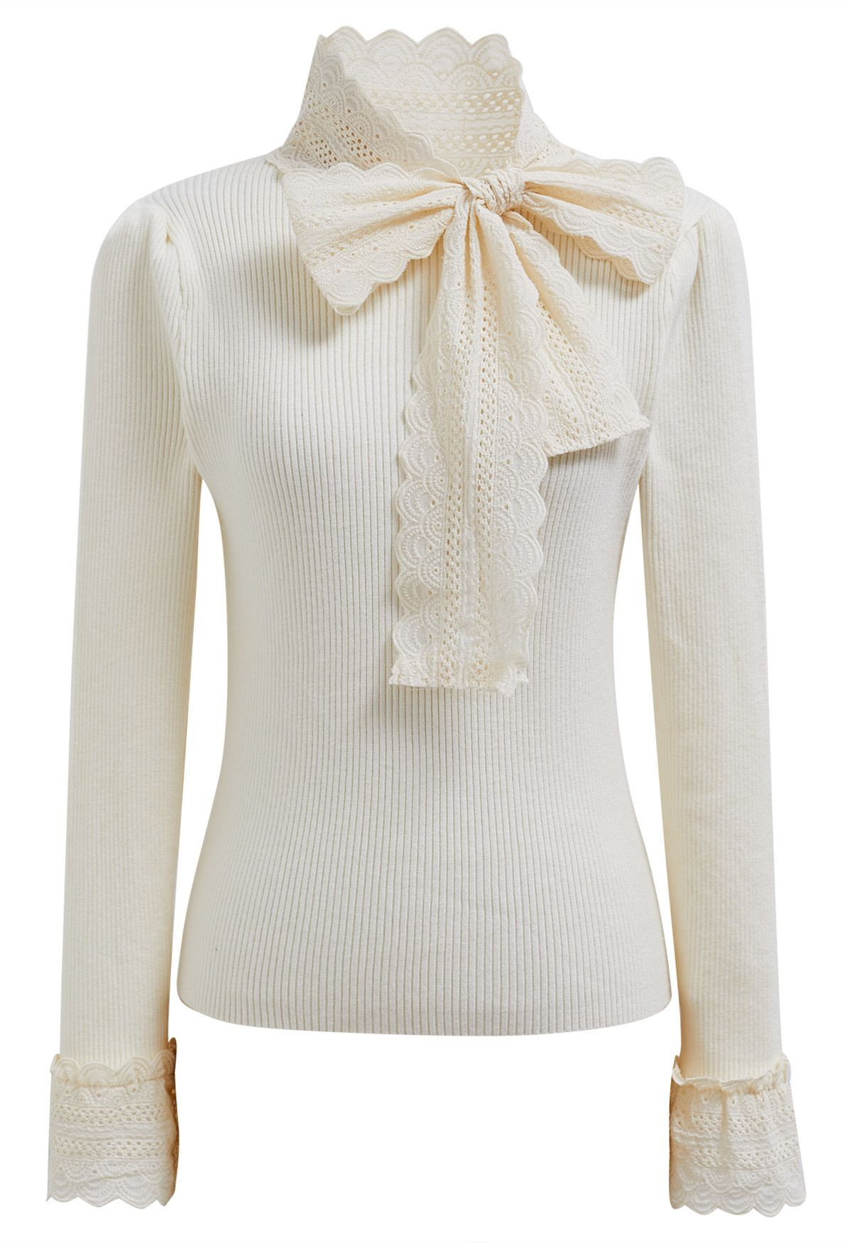 Embroidered Eyelet Bowknot Ribbed Knit Top in Cream | Chicwish