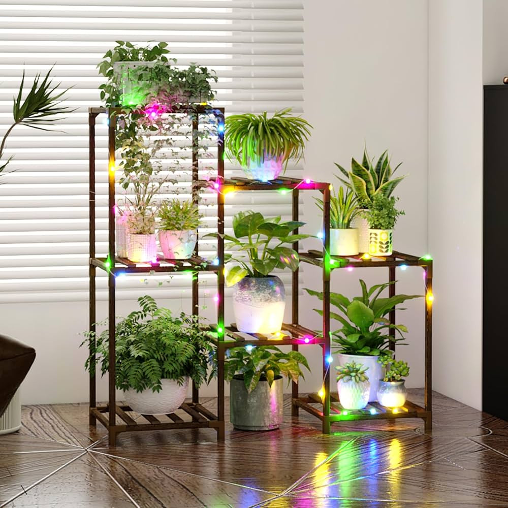 Bamworld Plant Stand with Fairy Lights 3 Tiers 7 Potted Ladder Plant Holder Wood Flower Stand for... | Amazon (US)