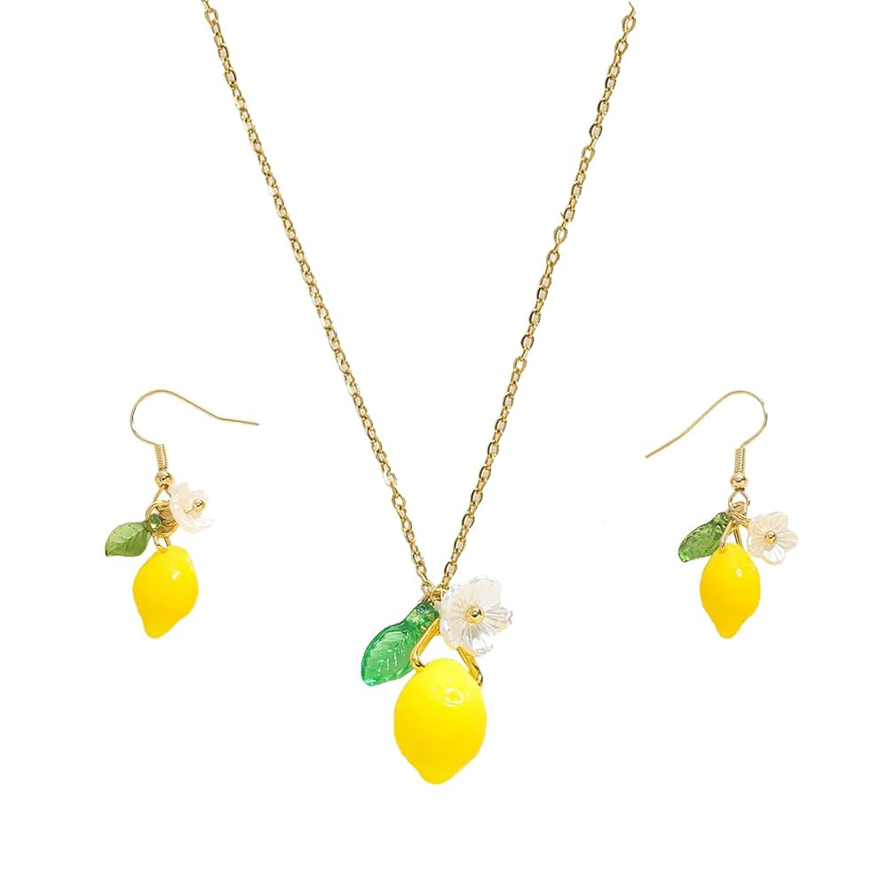 Lemon Jewelry Set for Women, Cute Alloy Lemon Necklace Dangle Earrings, Lightweight Yellow Citrus... | Amazon (US)