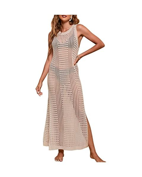 Bsubseach Crochet Cover Ups for Women Hollow Out Sleeveless Bikini Swimsuit Swimwear Side Split L... | Amazon (US)